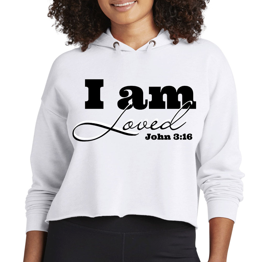 Womens Cropped Hoodie i am Loved - John 3:16 Black Illustration - Womens