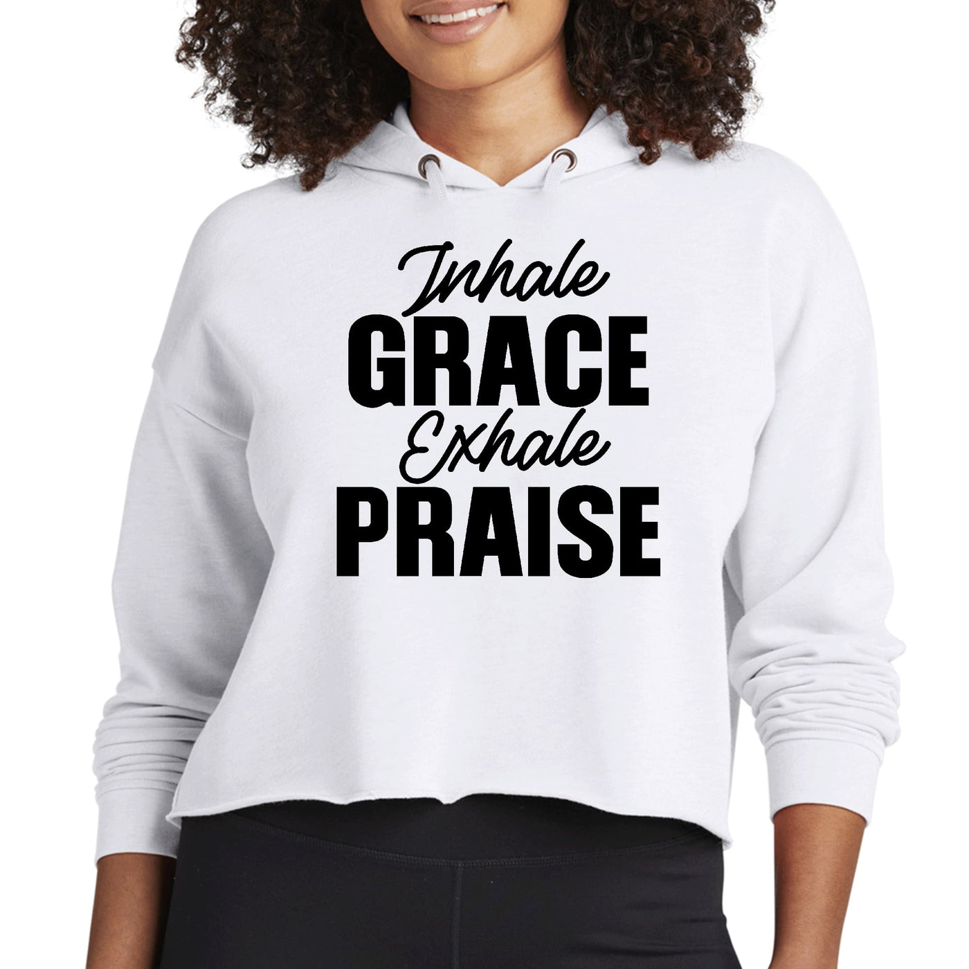 Womens Cropped Hoodie Inhale Grace Exhale Praise Black Illustration - Womens