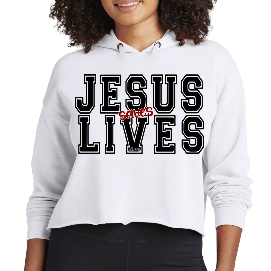 Womens Cropped Hoodie Jesus Saves Lives Black Red Illustration - Womens