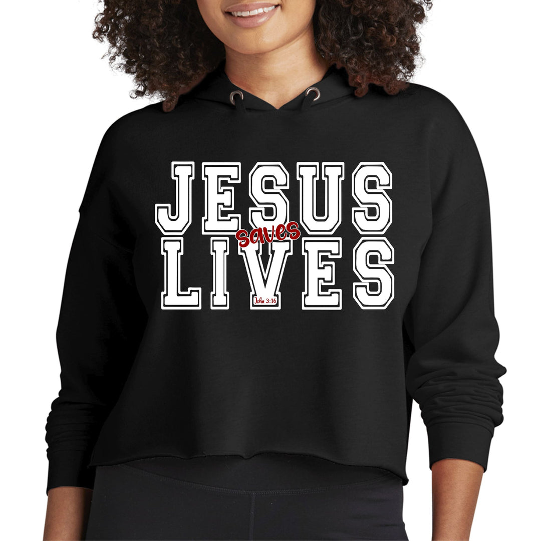 Womens Cropped Hoodie Jesus Saves Lives White Red Illustration - Womens