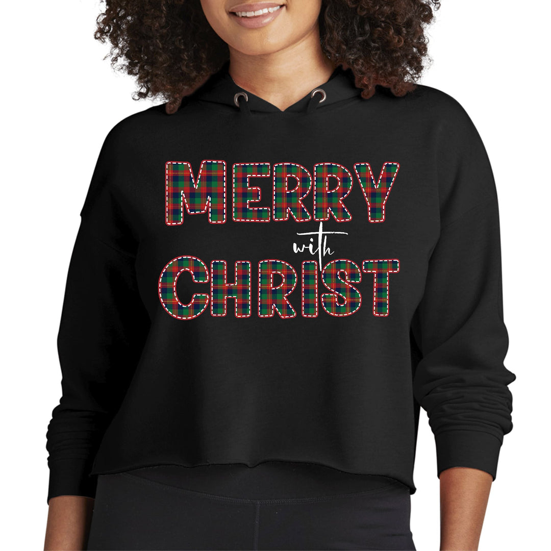 Womens Cropped Hoodie Merry With Christ Red And Green Plaid - Womens | Hoodies