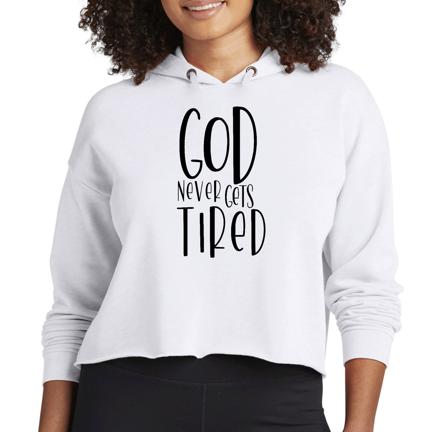 Womens Cropped Hoodie Say It Soul - God Never Gets Tired - Black - Womens