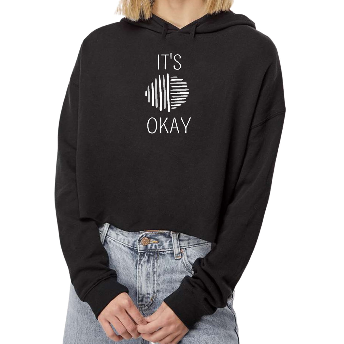 Womens Cropped Hoodie Say It Soul Its Okay Grey And White Line Art - Womens