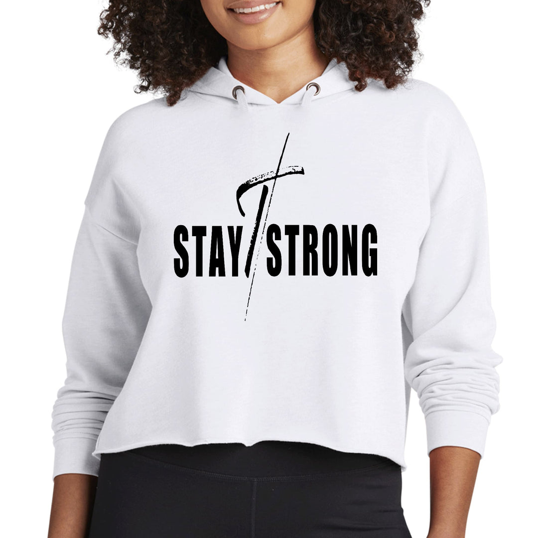 Womens Cropped Hoodie Stay Strong With Cross Black Print - Womens | Hoodies