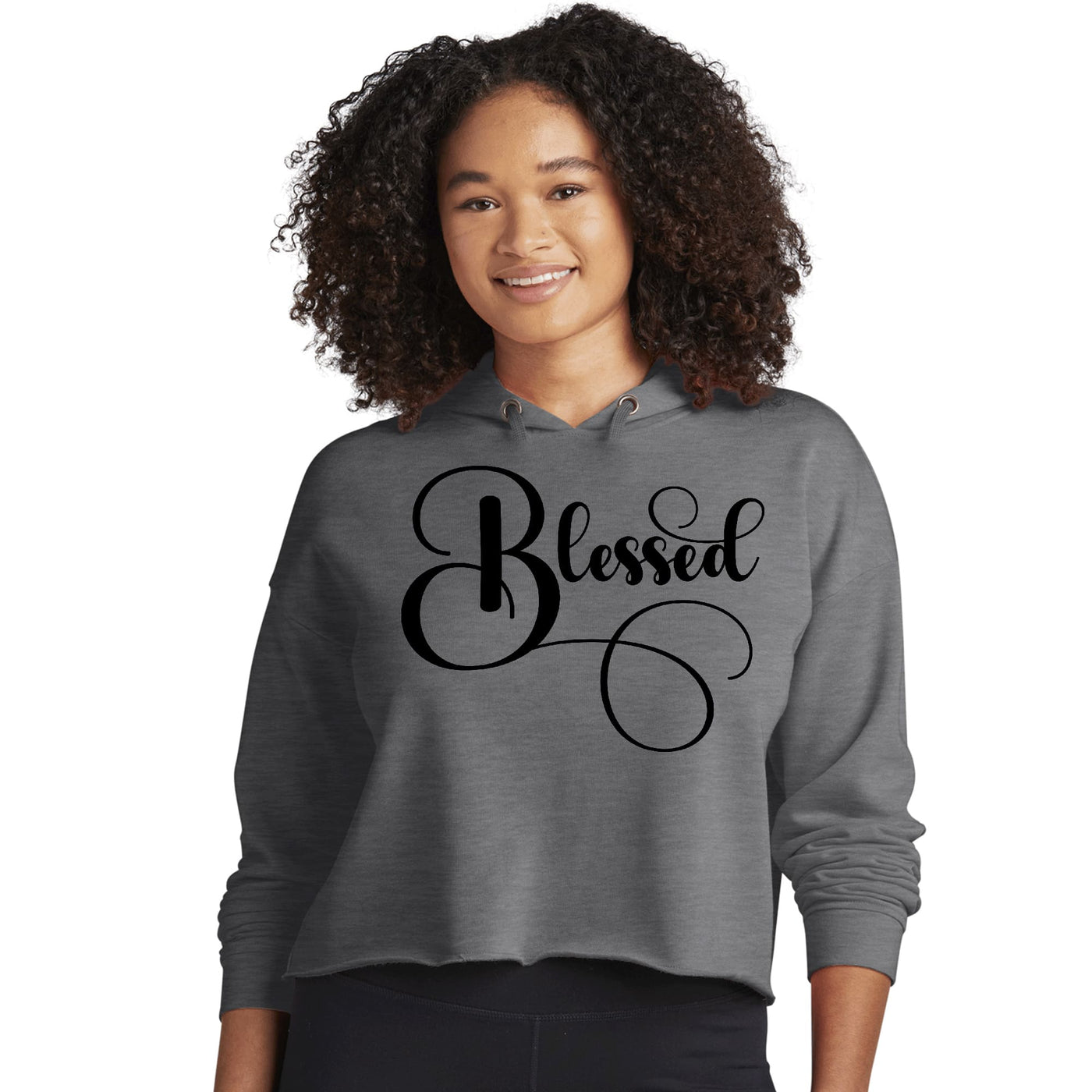 Womens Cropped Performance Hoodie Blessed Black Graphic Illustration - Womens