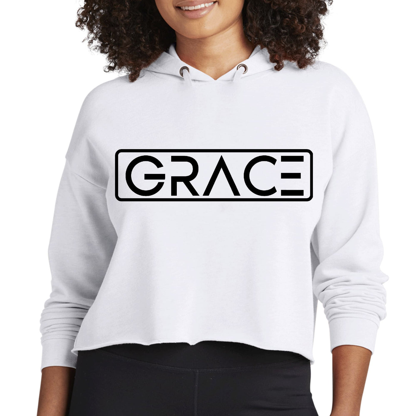 Womens Cropped Performance Hoodie Grace Christian Black Illustration - Womens