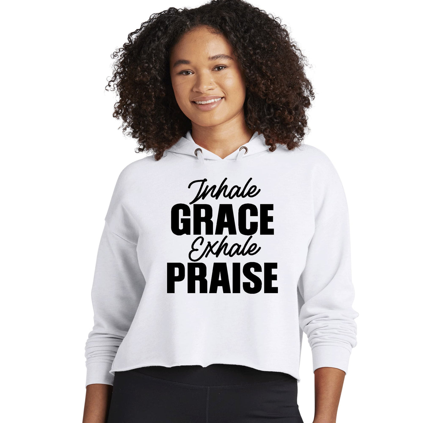 Womens Cropped Performance Hoodie Inhale Grace Exhale Praise Black - Womens