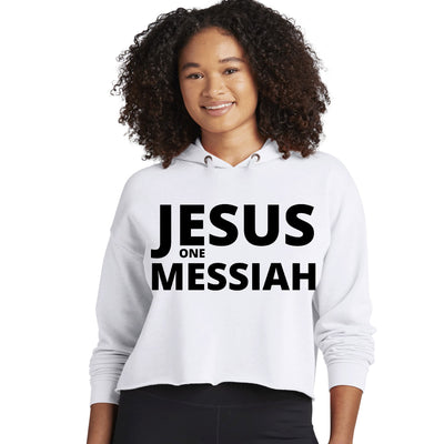 Womens Cropped Performance Hoodie Jesus One Messiah Black Illustration - Womens