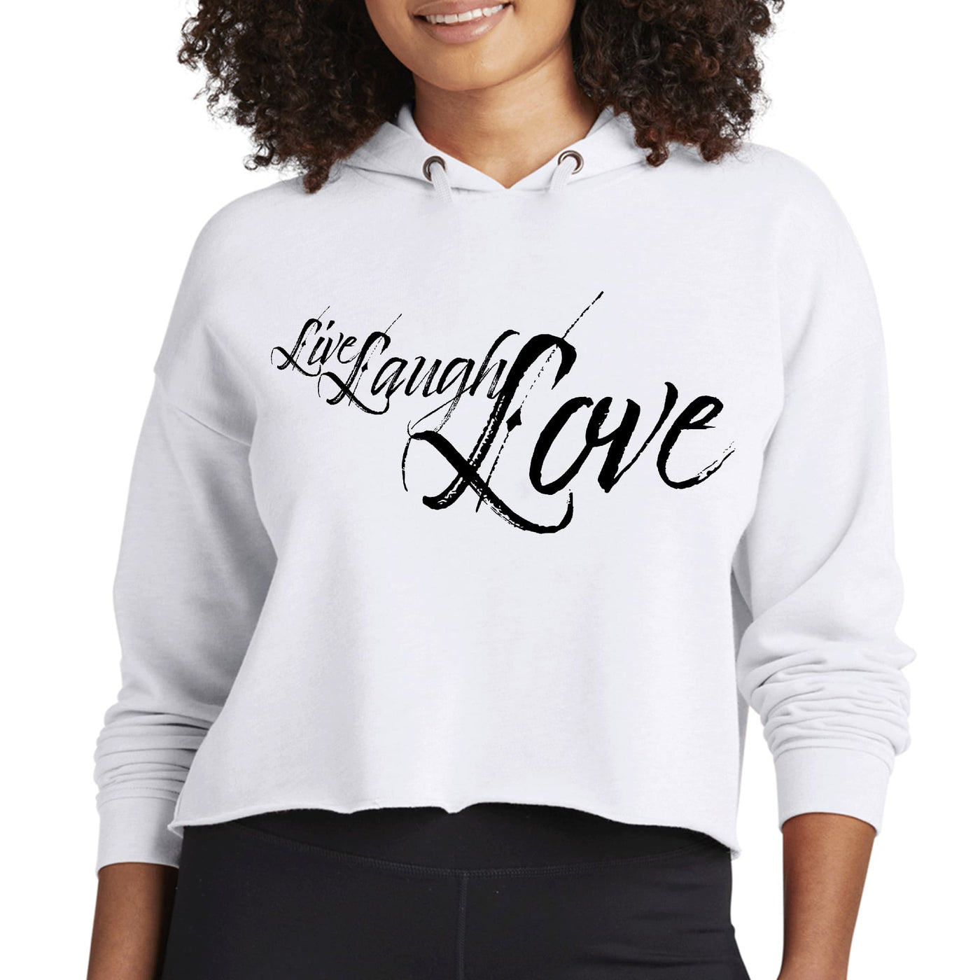 Womens Cropped Performance Hoodie Live Laugh Love Black Illustration - Womens