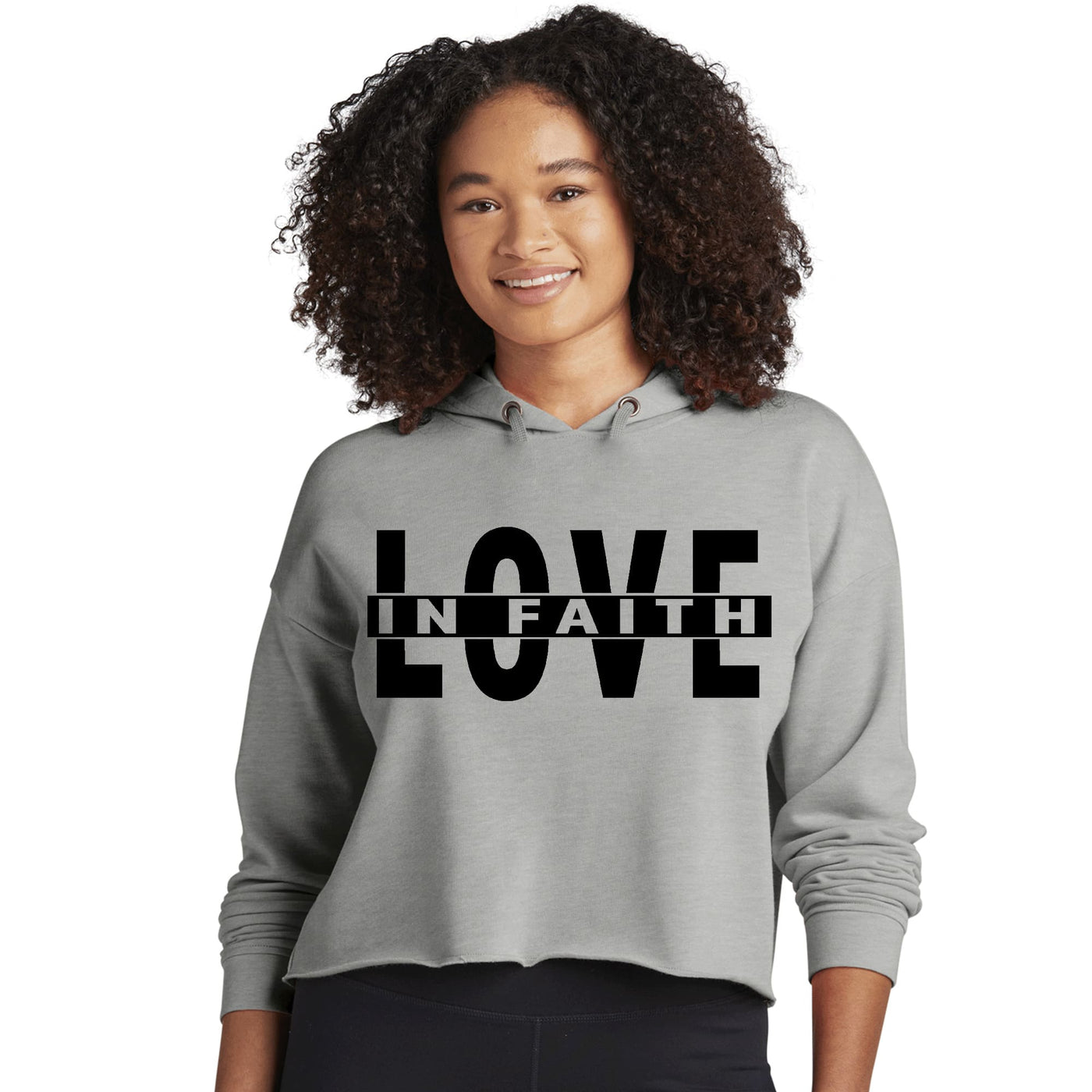 Womens Cropped Performance Hoodie Love In Faith Black Illustration - Womens