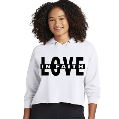 Womens Cropped Performance Hoodie Love In Faith Black Illustration - Womens
