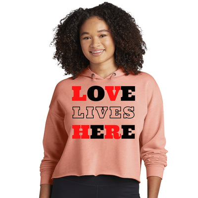 Womens Cropped Performance Hoodie Love Lives Here Christian Red Black - Womens