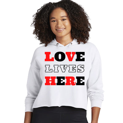 Womens Cropped Performance Hoodie Love Lives Here Christian Red Black - Womens