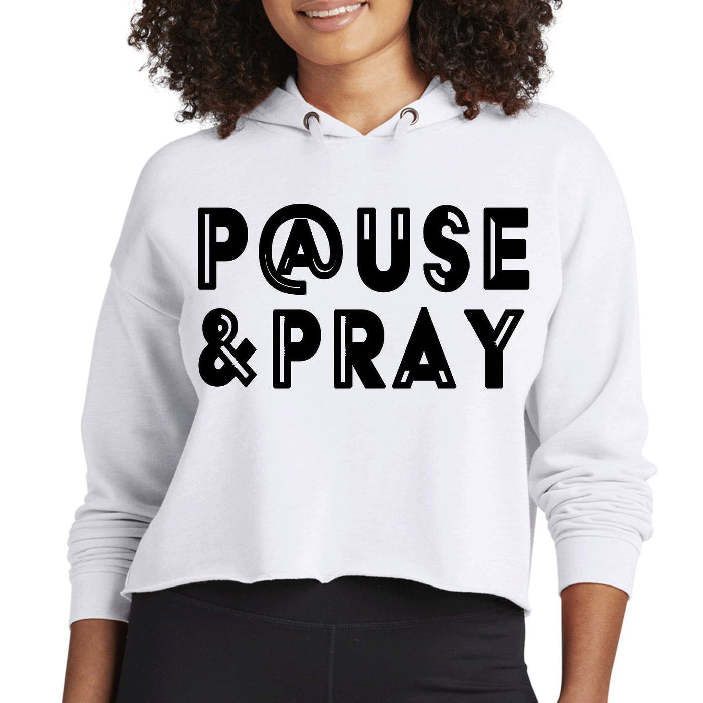 Womens Cropped Performance Hoodie Pause And Pray Black Illustration - Hoodies