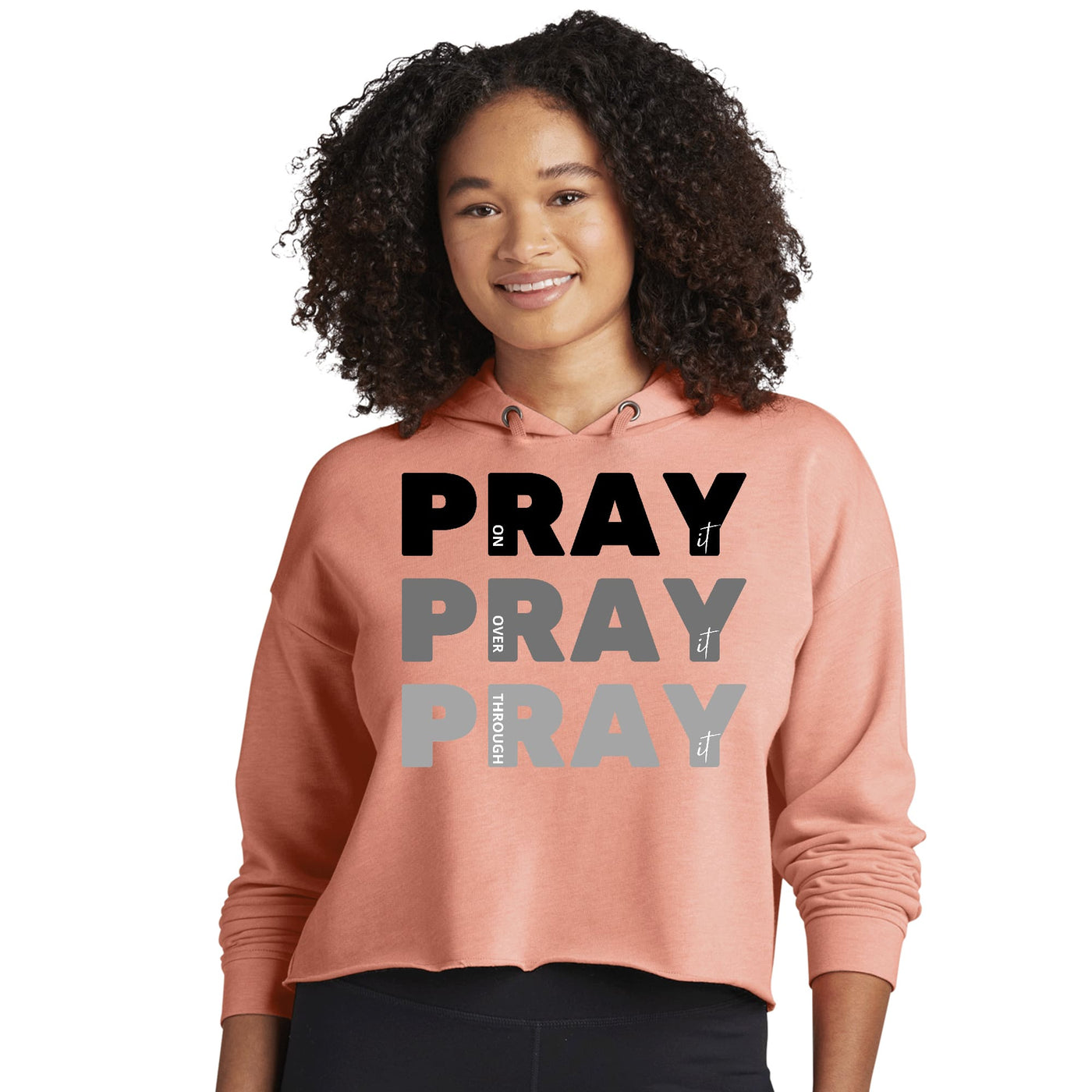 Womens Cropped Performance Hoodie Pray On It Over It Through It Black - Womens