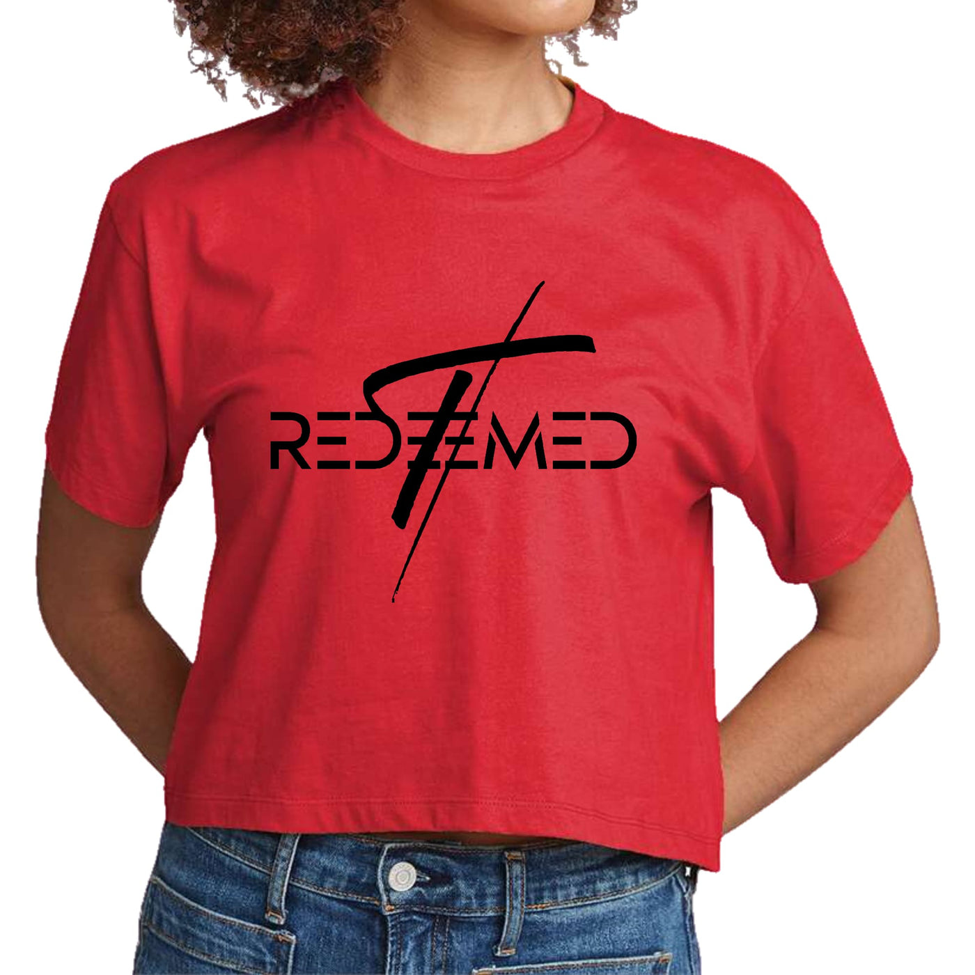 Womens Cropped T-shirt Redeemed Cross Black Illustration - Womens | T-Shirts