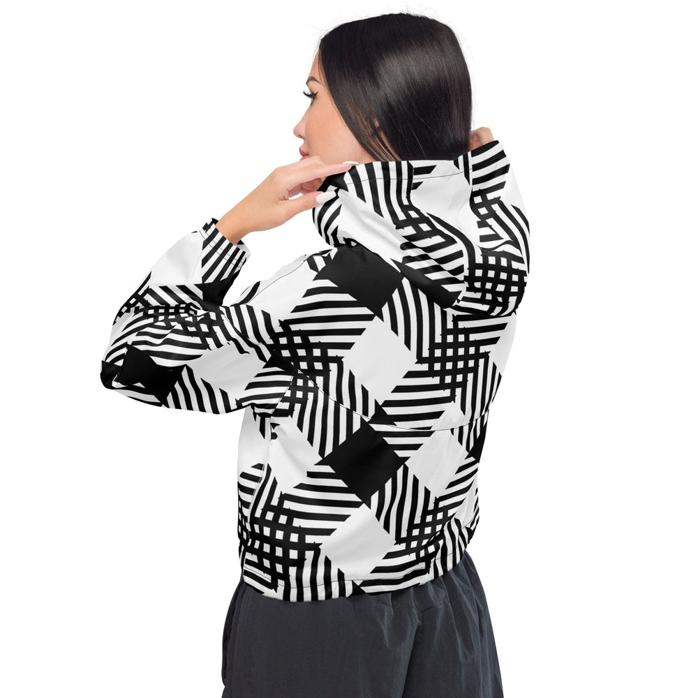 Womens Cropped Windbreaker - Black and White Plaid Print