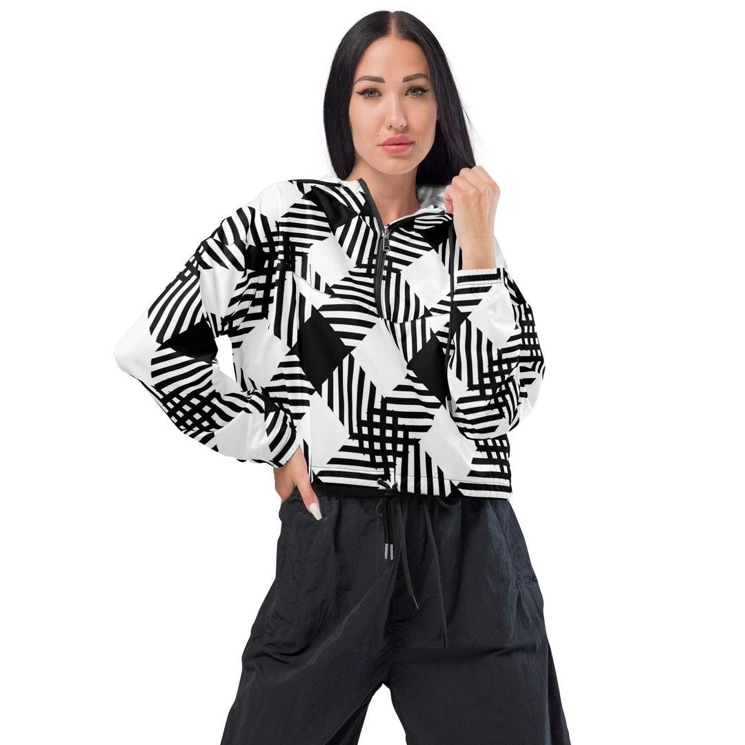Womens Cropped Windbreaker - Black and White Plaid Print