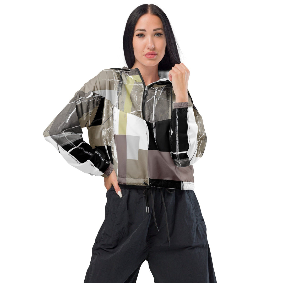 Womens Cropped Windbreaker Jacket Abstract Brown Geometric Shapes