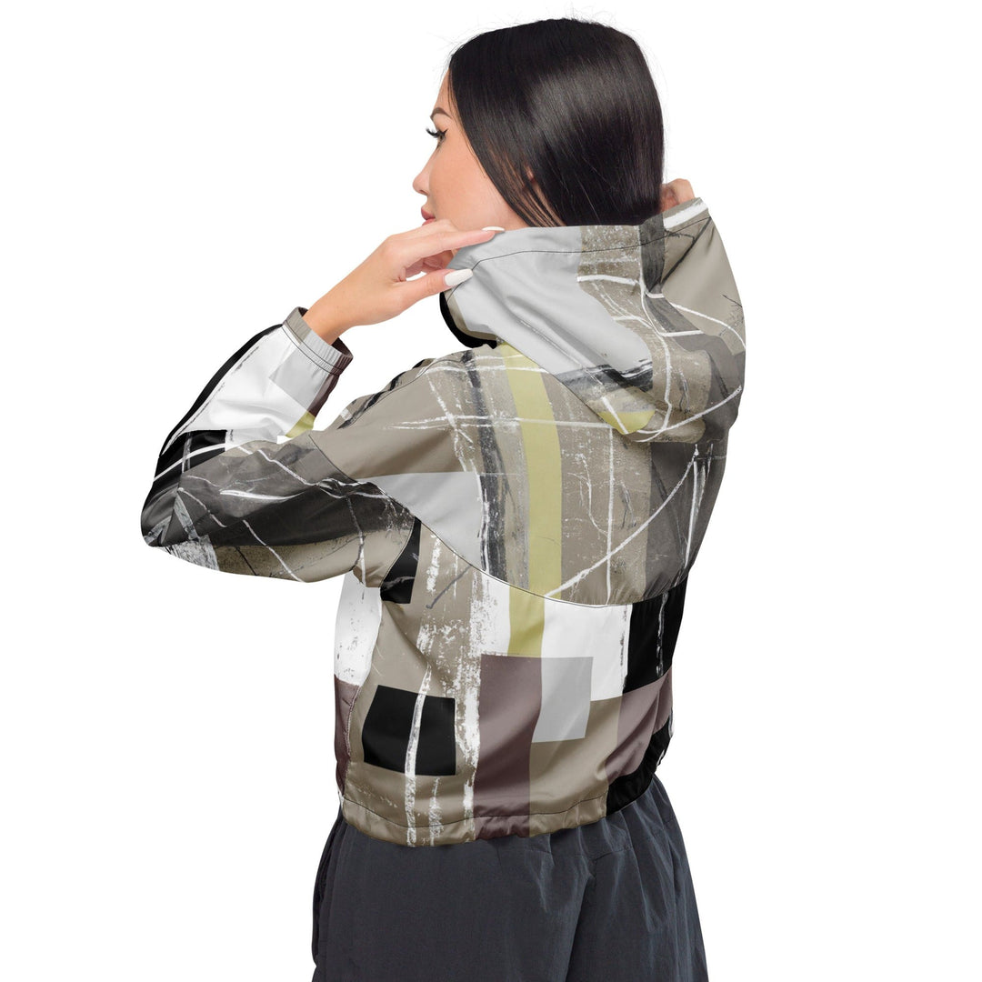 Womens Cropped Windbreaker Jacket Abstract Brown Geometric Shapes