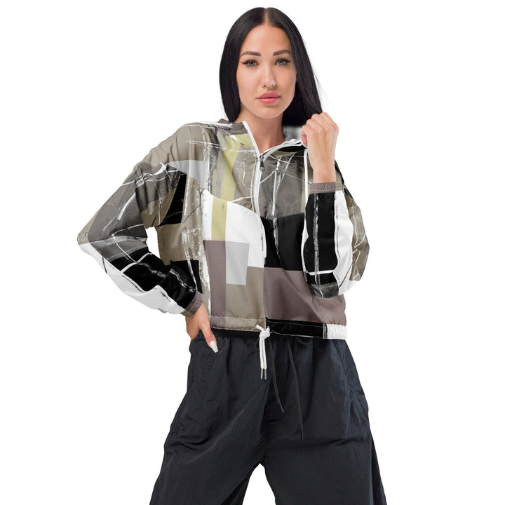 Womens Cropped Windbreaker Jacket Abstract Brown Geometric Shapes