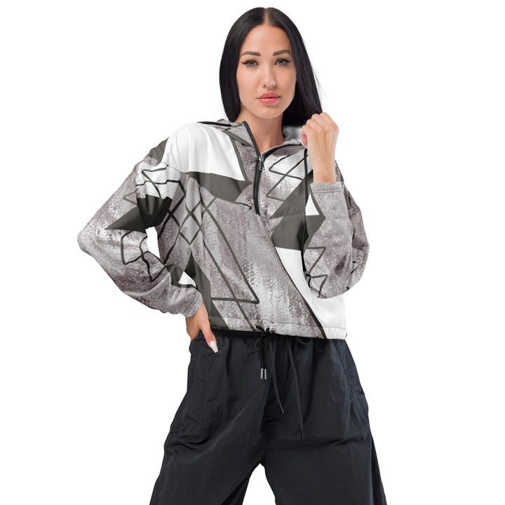 Womens Cropped Windbreaker Jacket Ash Grey and White Triangular