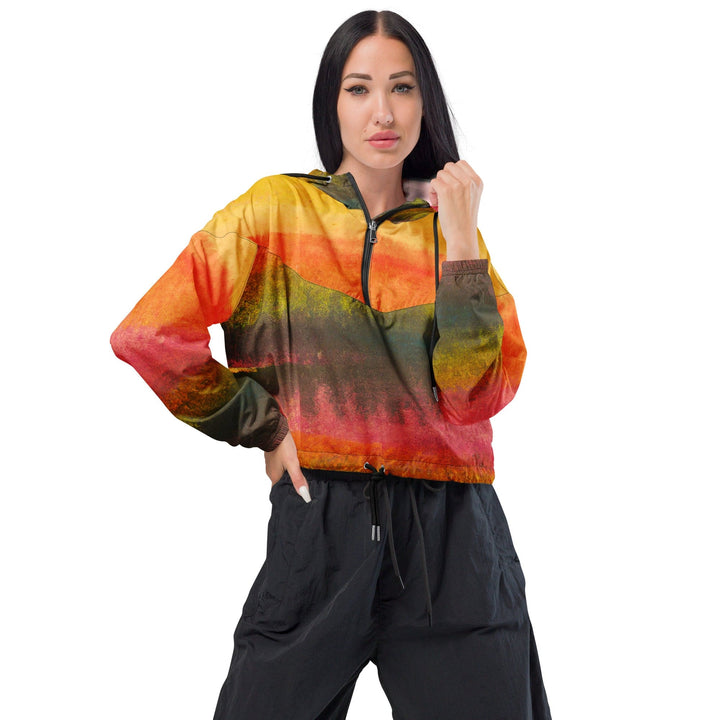 Womens Cropped Windbreaker Jacket Autumn Fall Watercolor Abstract