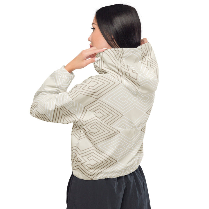 Womens Cropped Windbreaker Jacket Beige Brown Aztec Geometric Lines