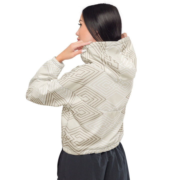Womens Cropped Windbreaker Jacket Beige And White Tribal Geometric