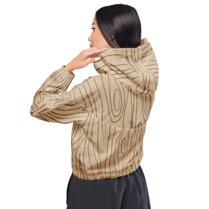 Womens Cropped Windbreaker Jacket Beige Brown Tree Sketch Lines