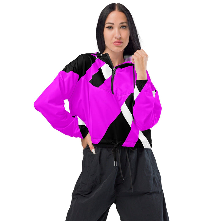 Womens Cropped Windbreaker Jacket Black and Pink Pattern