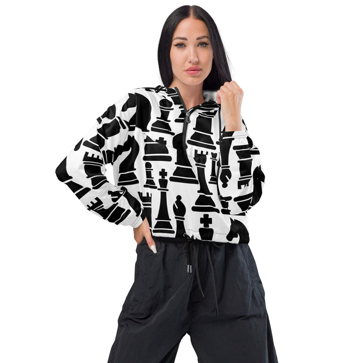Womens Cropped Windbreaker Jacket Black And White Chess Print