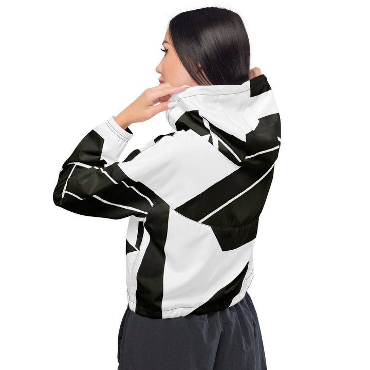 Womens Cropped Windbreaker Jacket Black and White Geometric Pattern