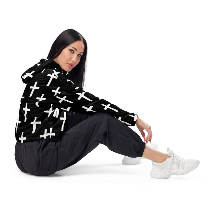 Womens Cropped Windbreaker Jacket Black White Cross Print