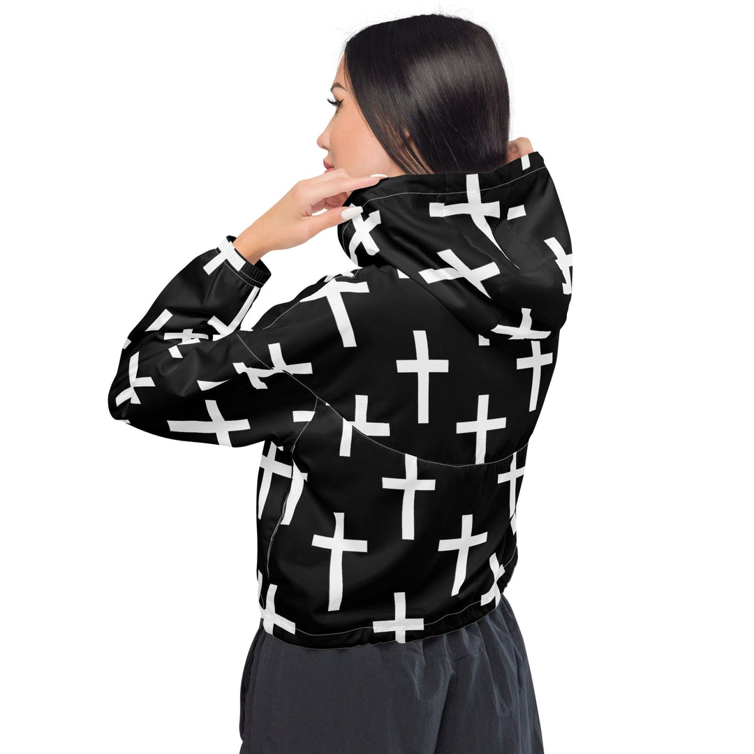 Womens Cropped Windbreaker Jacket Black White Cross Print