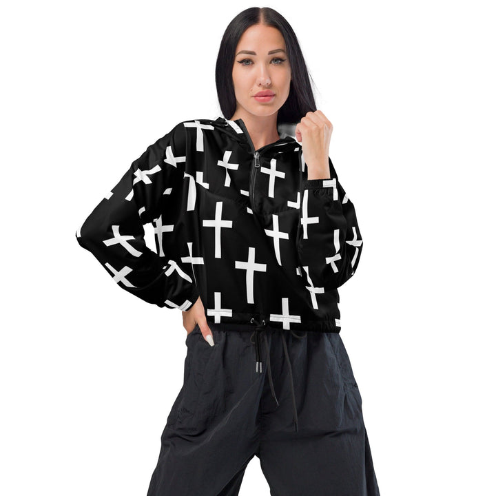 Womens Cropped Windbreaker Jacket Black White Cross Print