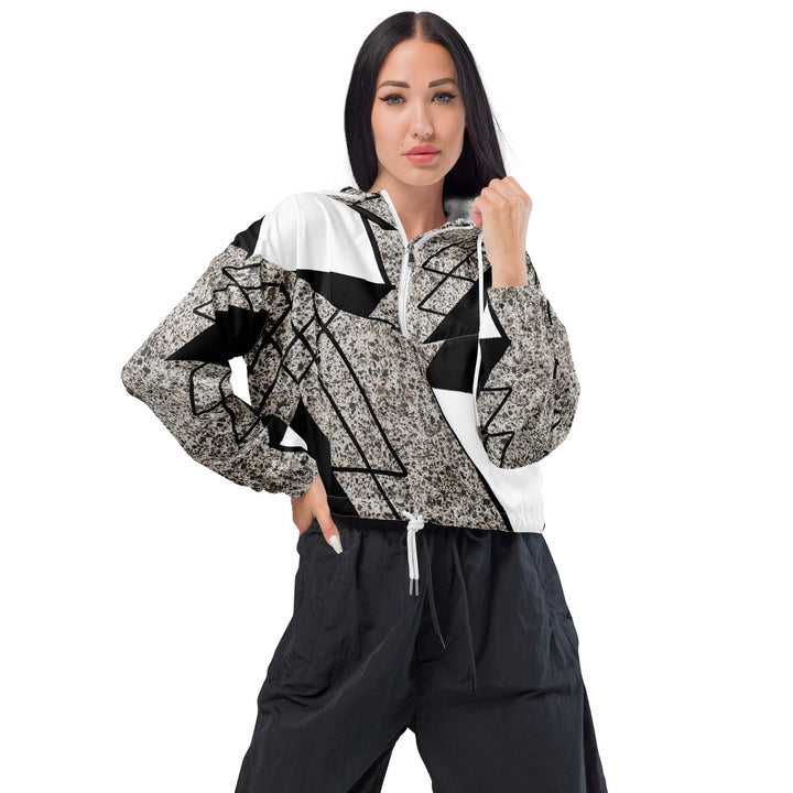 Womens Cropped Windbreaker Jacket Black and White Triangular