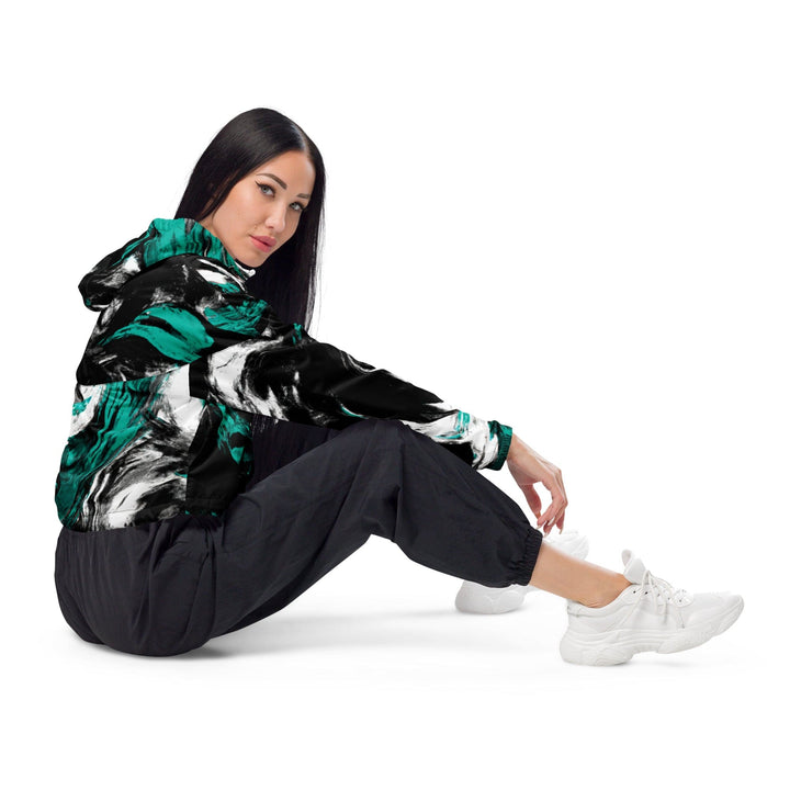 Womens Cropped Windbreaker Jacket Black Green White Abstract Pattern