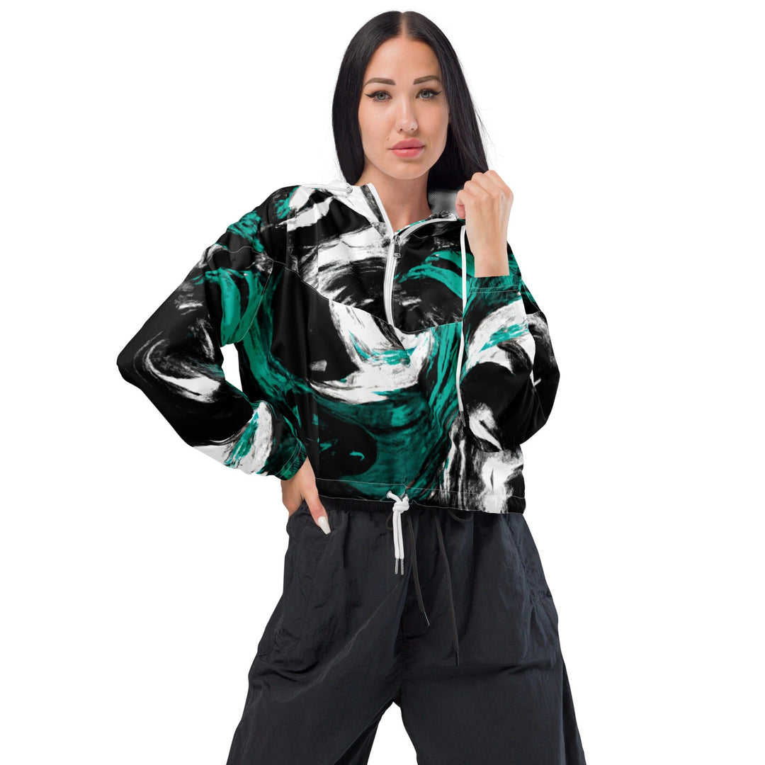 Womens Cropped Windbreaker Jacket Black Green White Abstract Pattern