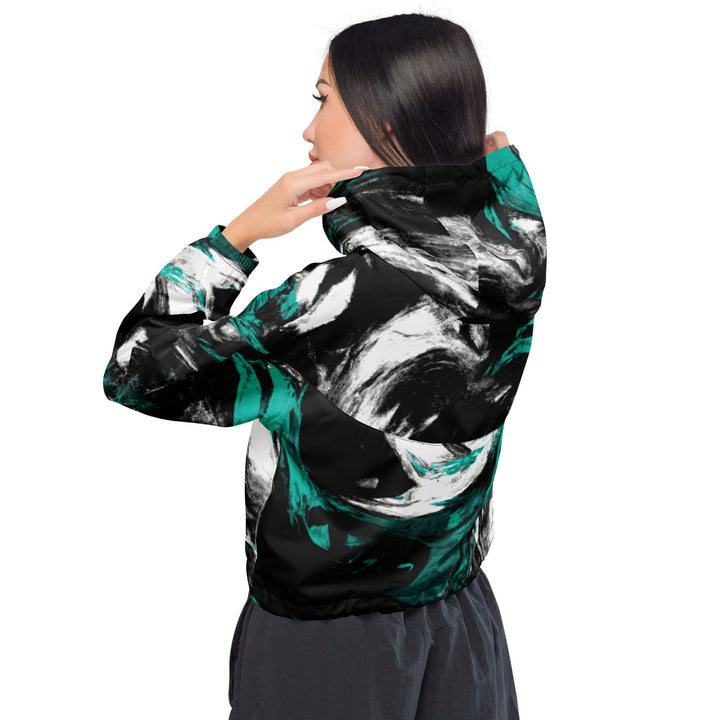 Womens Cropped Windbreaker Jacket Black Green White Abstract Pattern