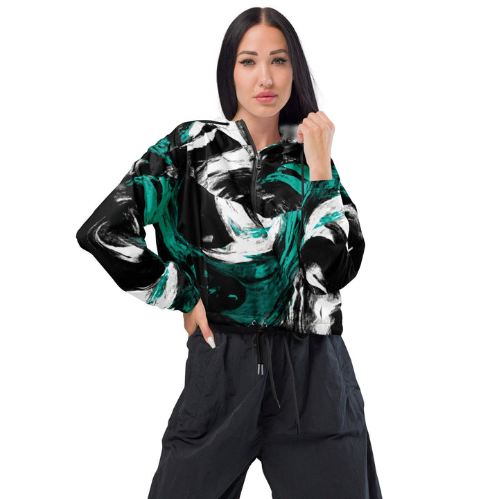 Womens Cropped Windbreaker Jacket Black Green White Abstract Pattern