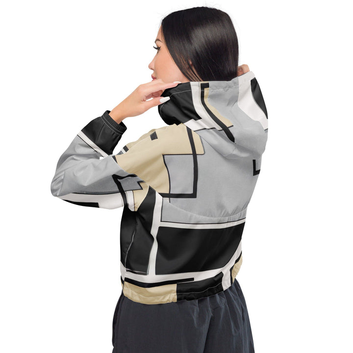 Womens Cropped Windbreaker Jacket Black Grey Abstract Pattern