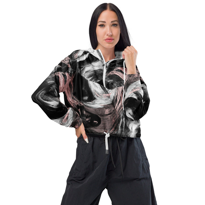 Womens Cropped Windbreaker Jacket Black Pink White Abstract Pattern