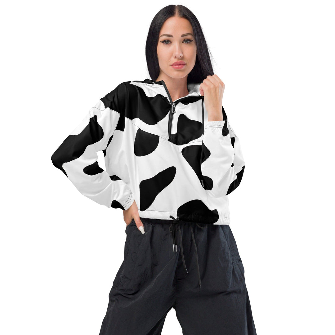 Womens Cropped Windbreaker Jacket - Black White Cow Print