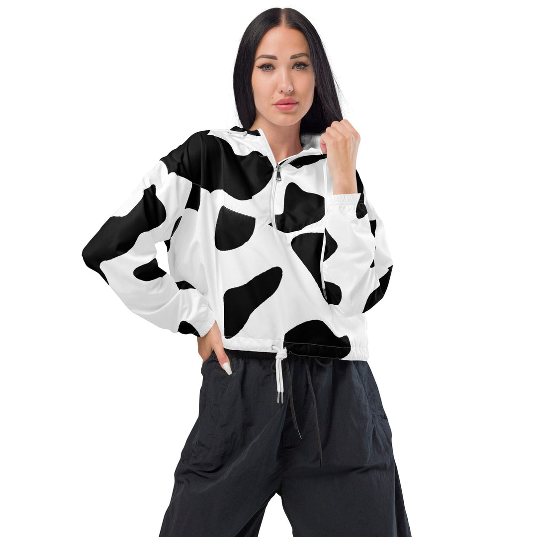 Womens Cropped Windbreaker Jacket - Black White Cow Print