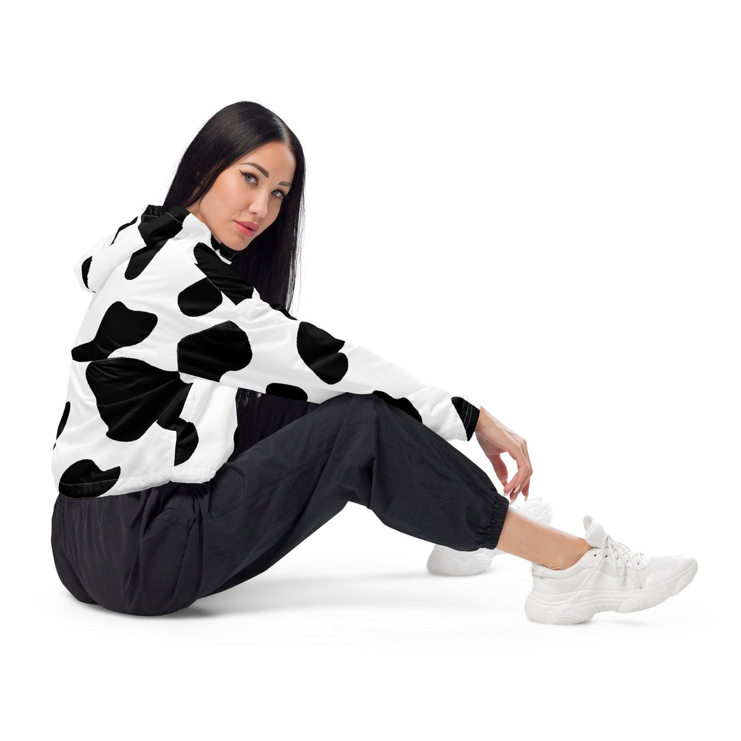 Womens Cropped Windbreaker Jacket - Black White Cow Print