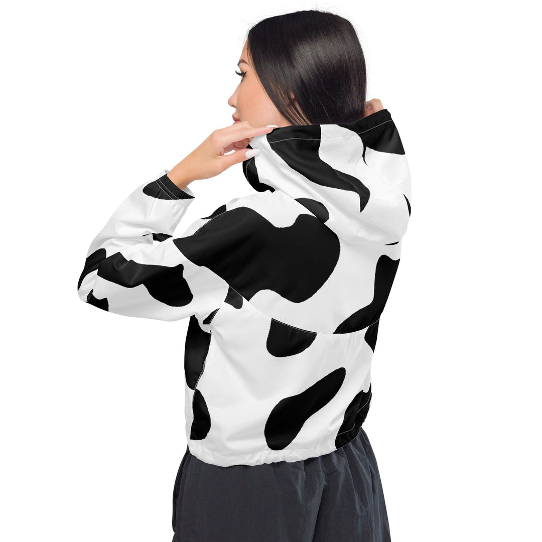 Womens Cropped Windbreaker Jacket - Black White Cow Print