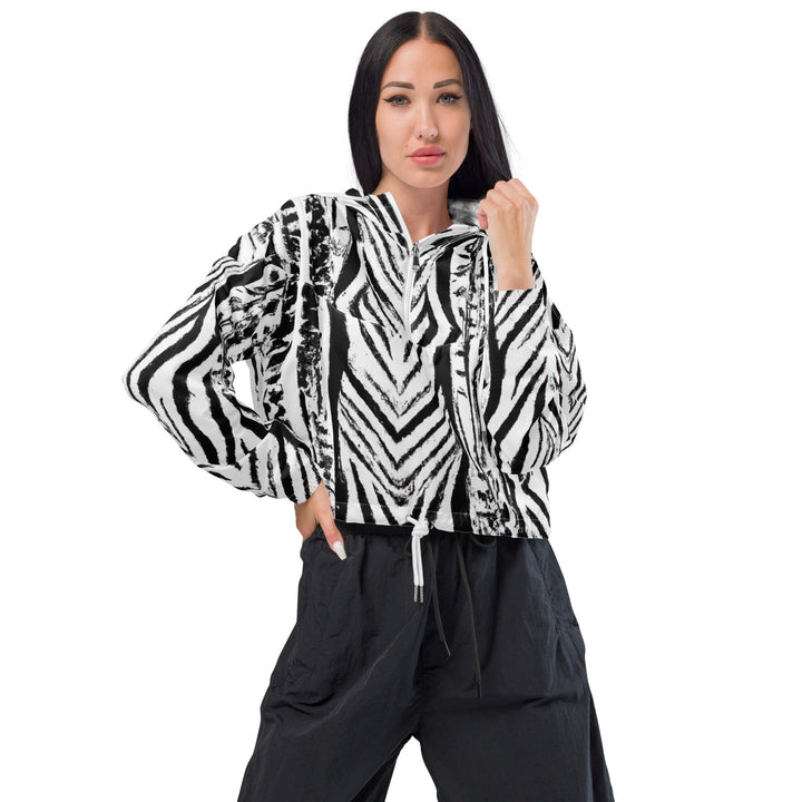 Womens Cropped Windbreaker Jacket Black White Native Print