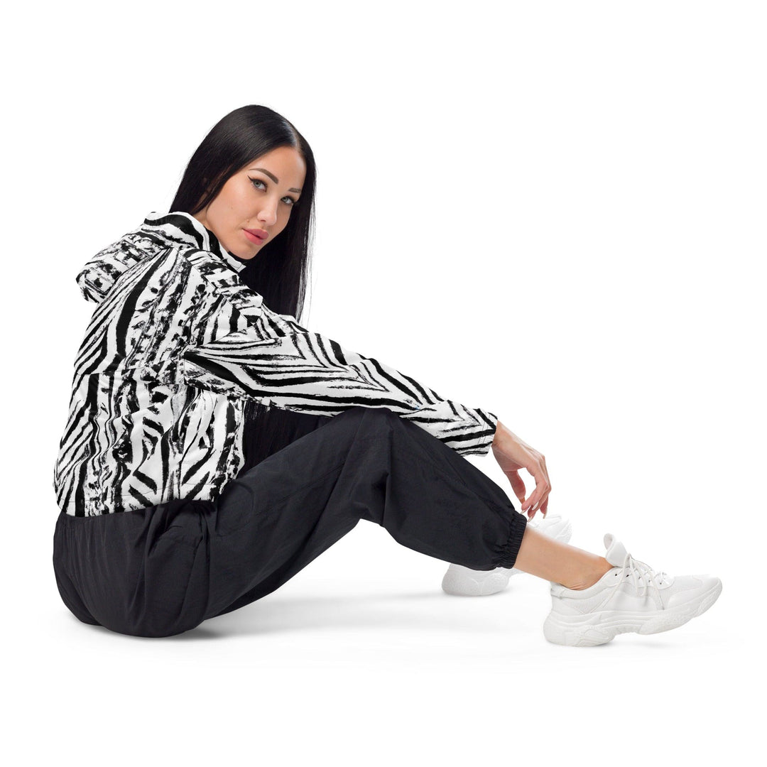 Womens Cropped Windbreaker Jacket Black White Native Print