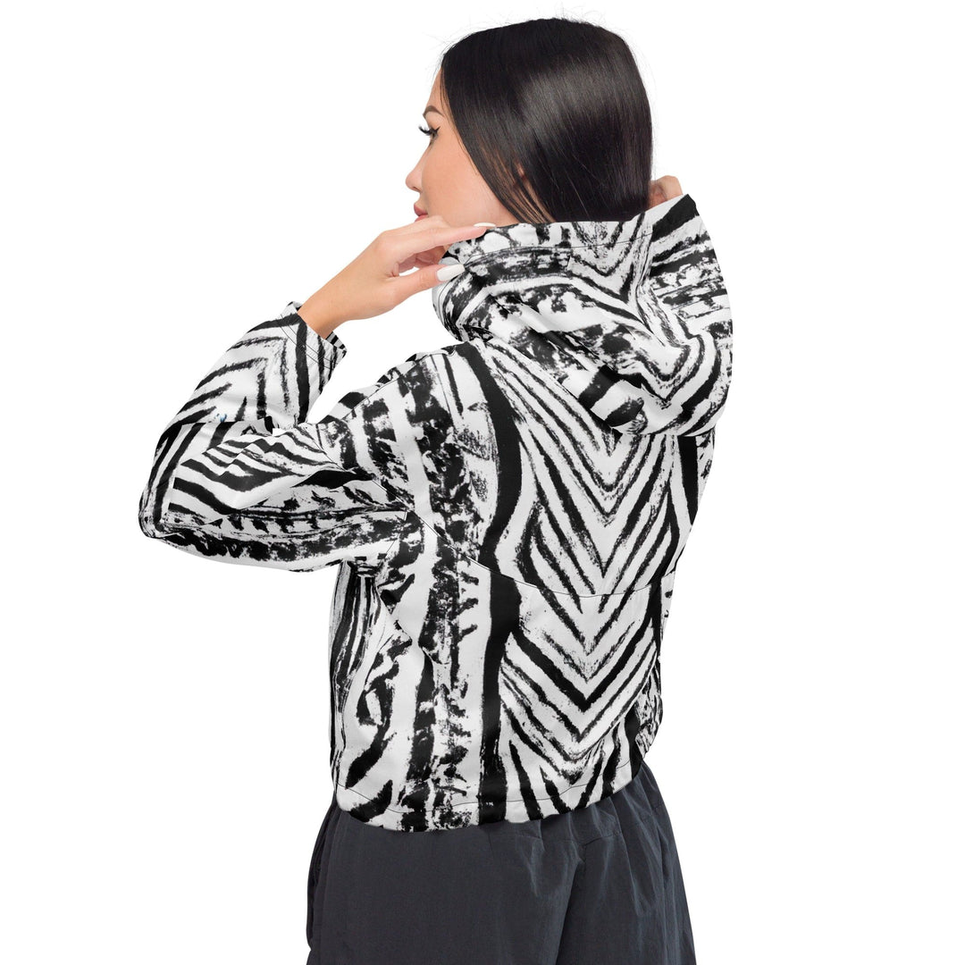 Womens Cropped Windbreaker Jacket Black White Native Print